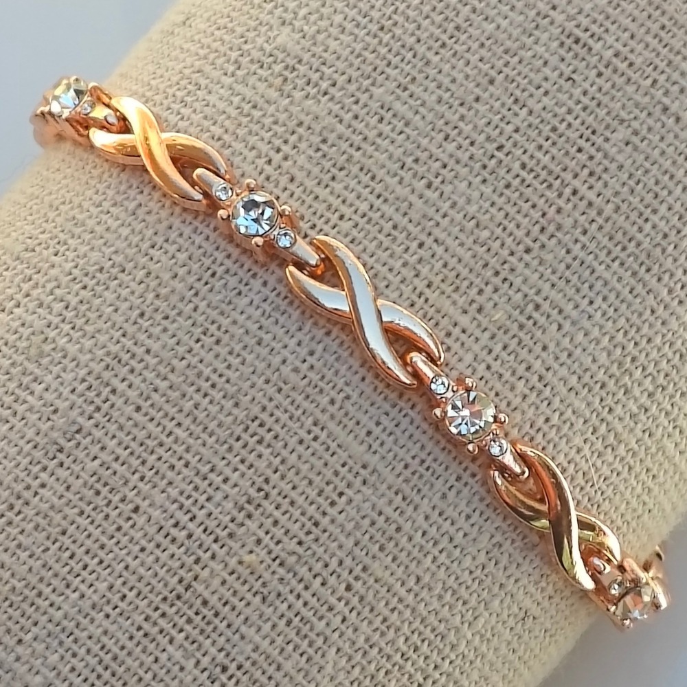 Women's Rose Gold Tone Infinity Link Bracelet Clear Crystal Rhinestone NEW